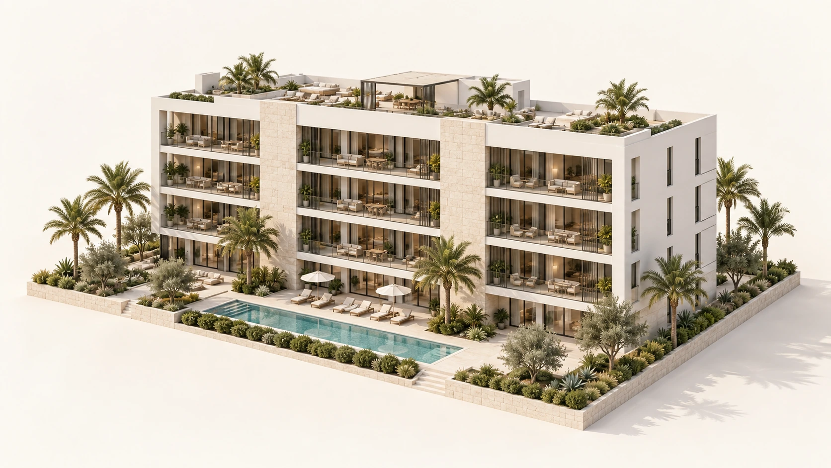 Developed architectural concept of a four-storey coastal condominium with recessed balconies and a communal pool